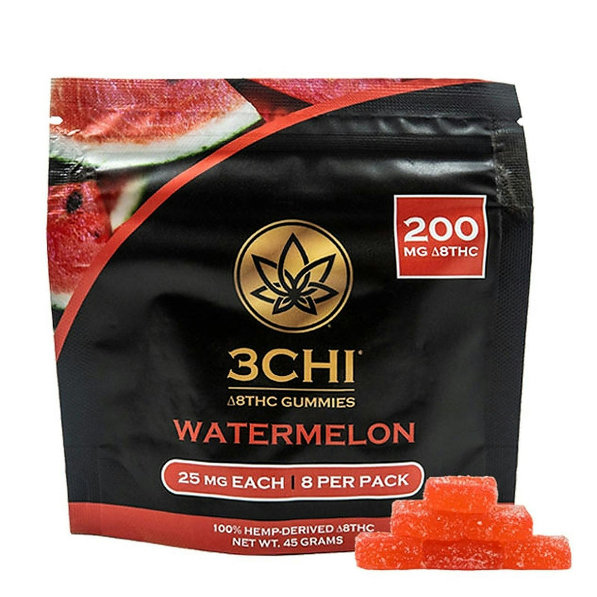 Packaging for 3Chi's Watermelon Delta 8 THC Gummies
