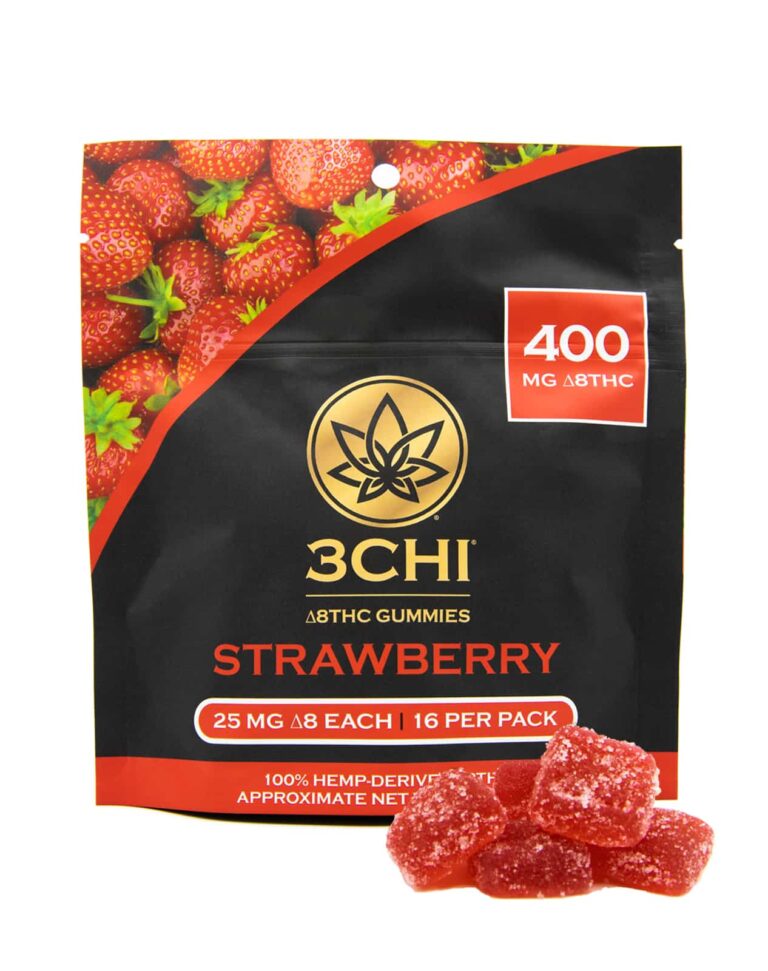 Packaging for 3Chi's Strawberry Delta 8 THC Gummies