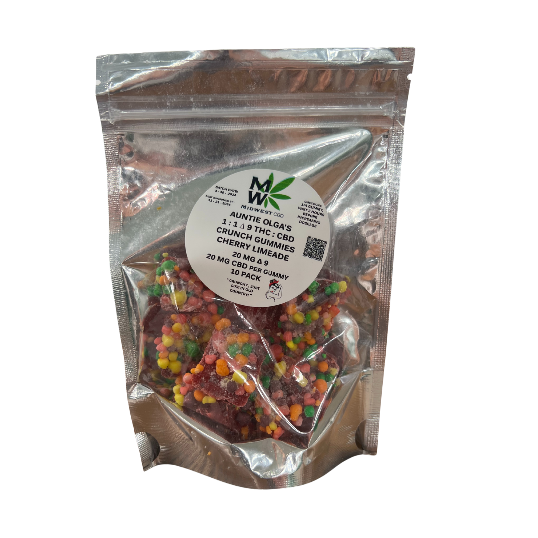 Packaging of Auntie Olga' 20mg 1:1 Crunch Gummies