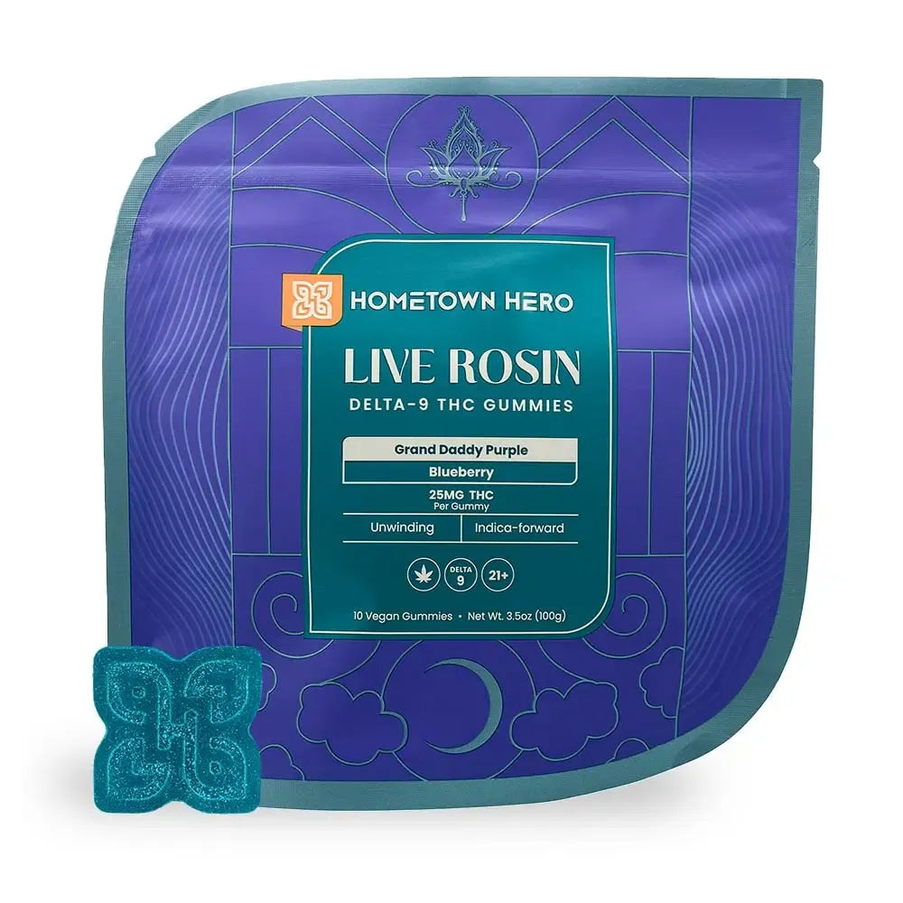 Packaging for the Blueberry GDP Delta-9 Live Rosin Gummies