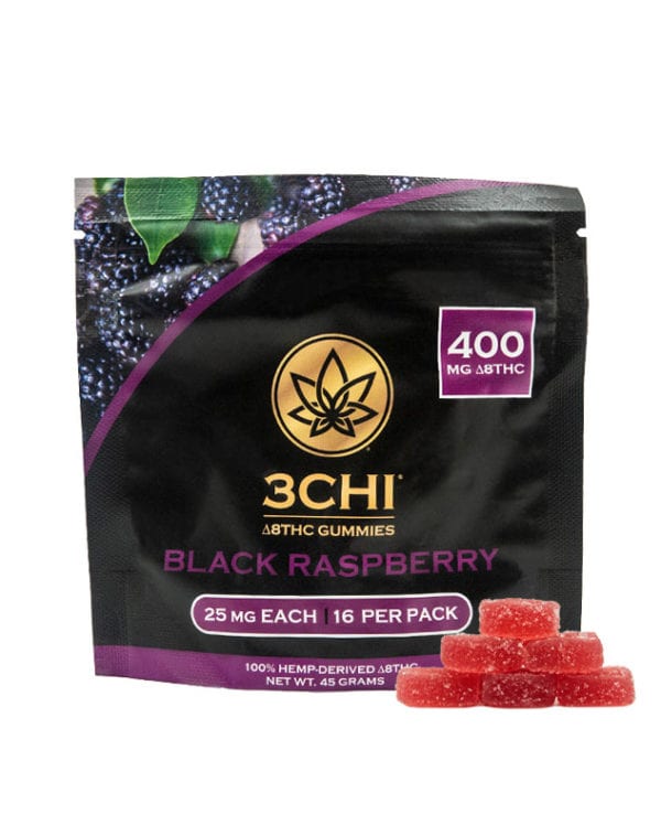 Packaging for 3Chi's Black Raspberry Delta 8 THC Gummies