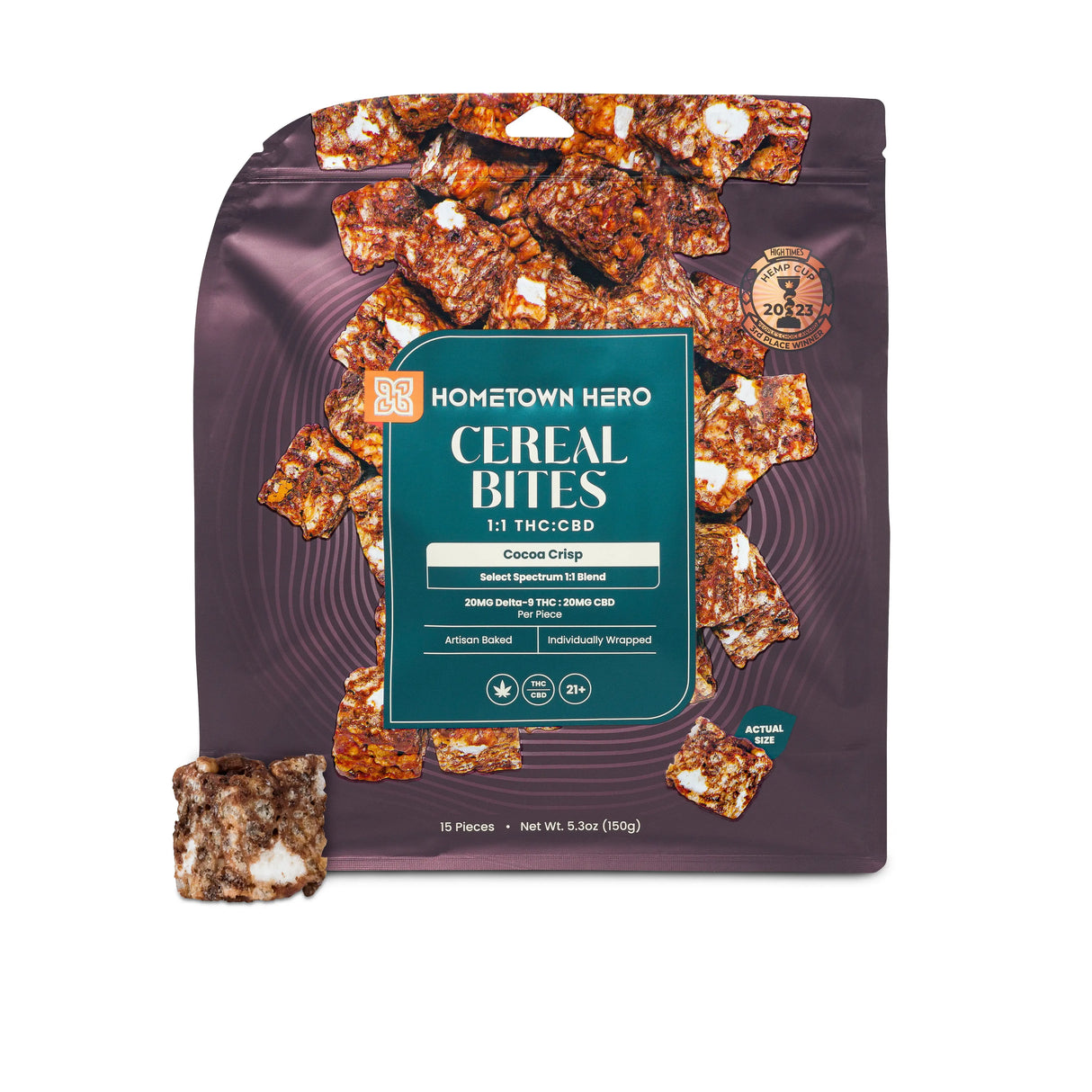 Packaging for Hometown Hero's Cocoa Crisp Delta 9 + CBD cereal bites