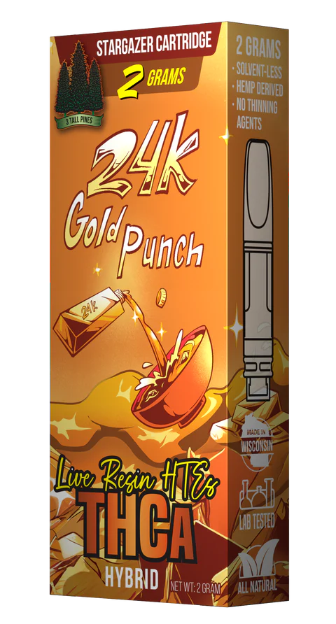 Packaging for 3 Tall Pines 24k Gold Punch 2g Live Resin HTE THCA Cart