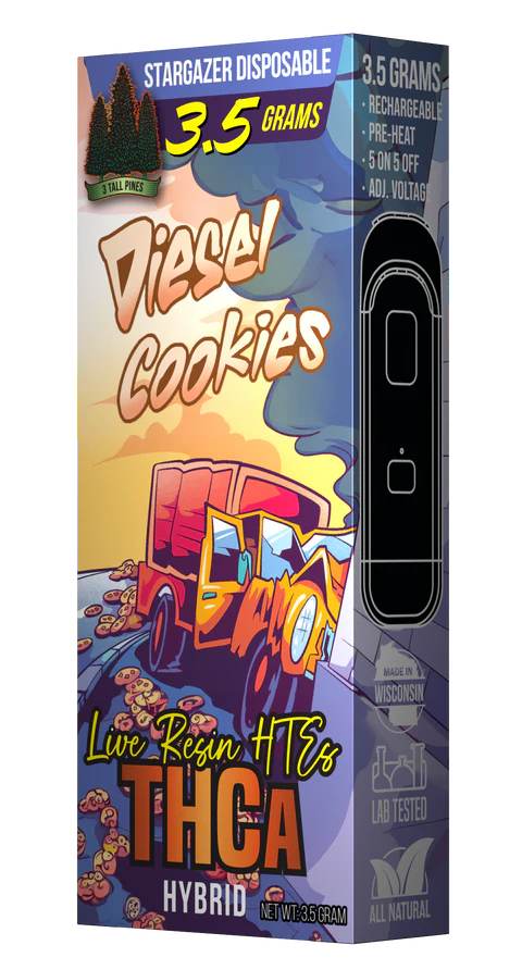 3 Tall Pines' Live Resin HTE THCa Diesel Cookies Disposable 3.5g Vape