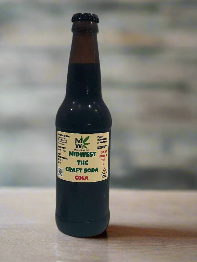 Bottle of Midwest CBD's 50mg Delta 9 THC Cola Craft Soda