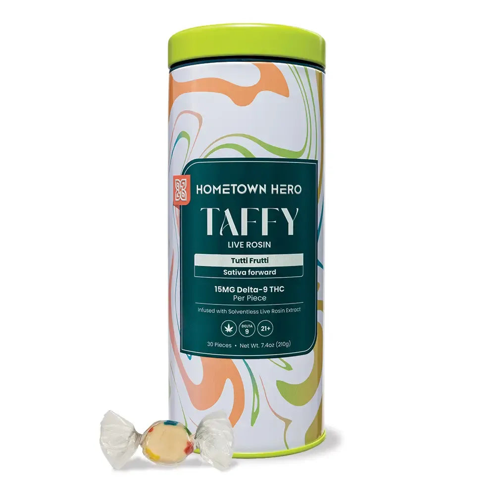 Packaging for Hometown Hero Delta 9 Live Rosin Tutti Frutti Taffy