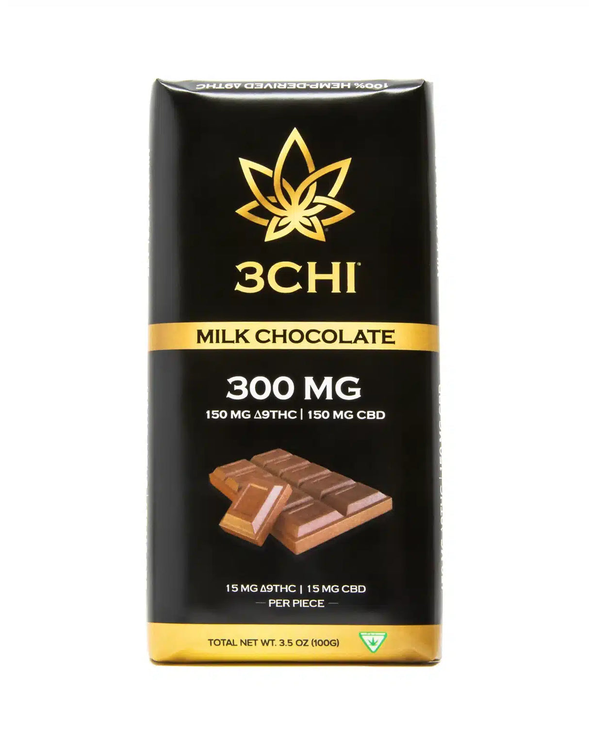 Packaging for 3Chi's Milk Chocolate 1:1 Delta 9 THC CBD bar