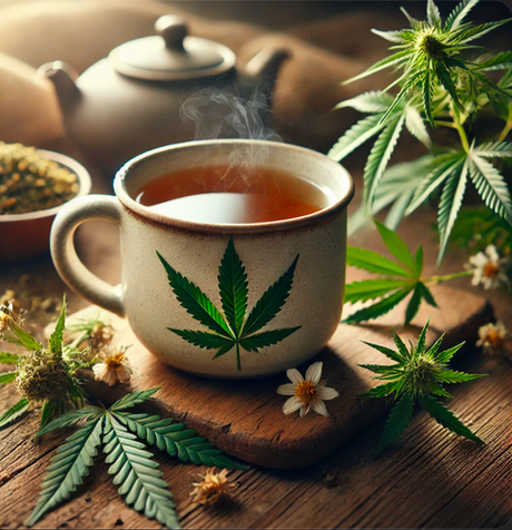 A steaming mug of tea on a table among chamomile flowers and CBD flower and a growing hemp plant