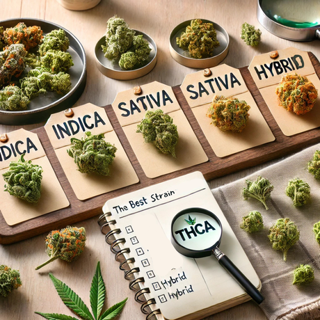 Several different THCa Flower buds on table labeled Indica, sativa, hybrid with a list to decide which strain is best