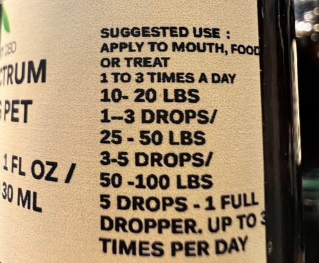 For Pets 10-20lbs, 1-3 drops per dose; 25-50lbs 3-5 drops, 50-100lbs 5 drops to 1 dropper