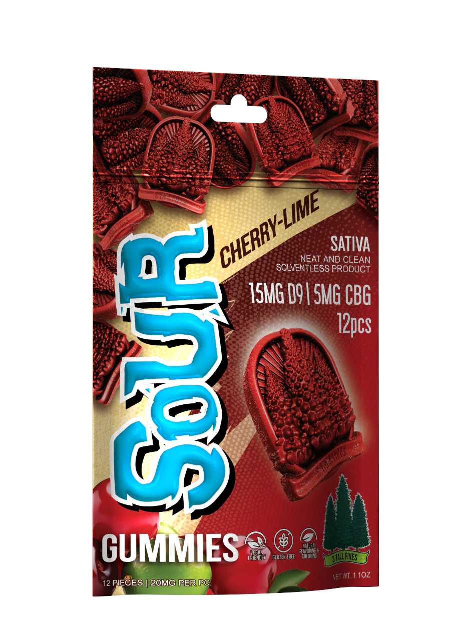 3 Tall Pines Sour Cherry Lime Gummies - 15mg Delta 9 + 5mg CBG - Sativa
