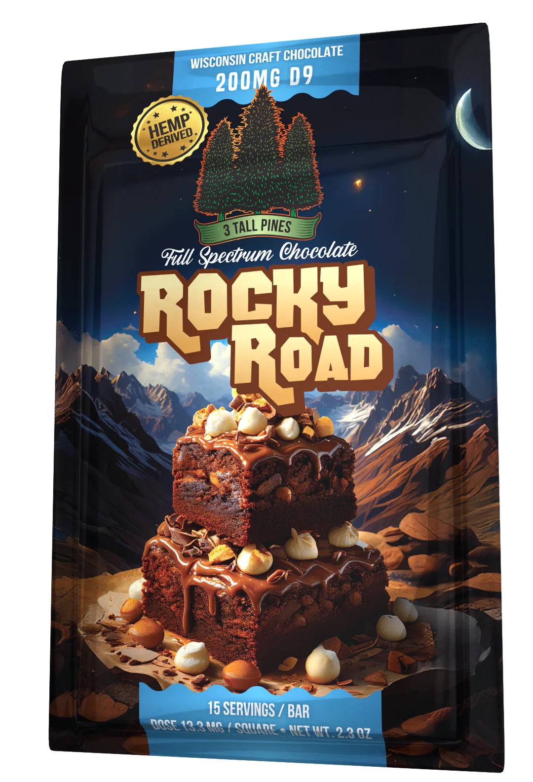 3 Tall Pines Rocky Road Delta 9 Chocolate Bar - 200mg Delta 9 + 800mg 4:1 CBD:THC Edibles