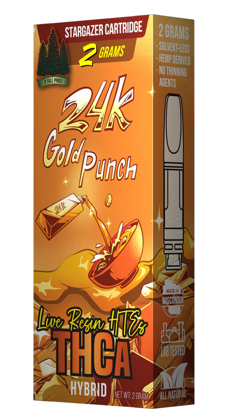 Packaging for 3 Tall Pines 24k Gold Punch 2g Live Resin HTE THCA Cart