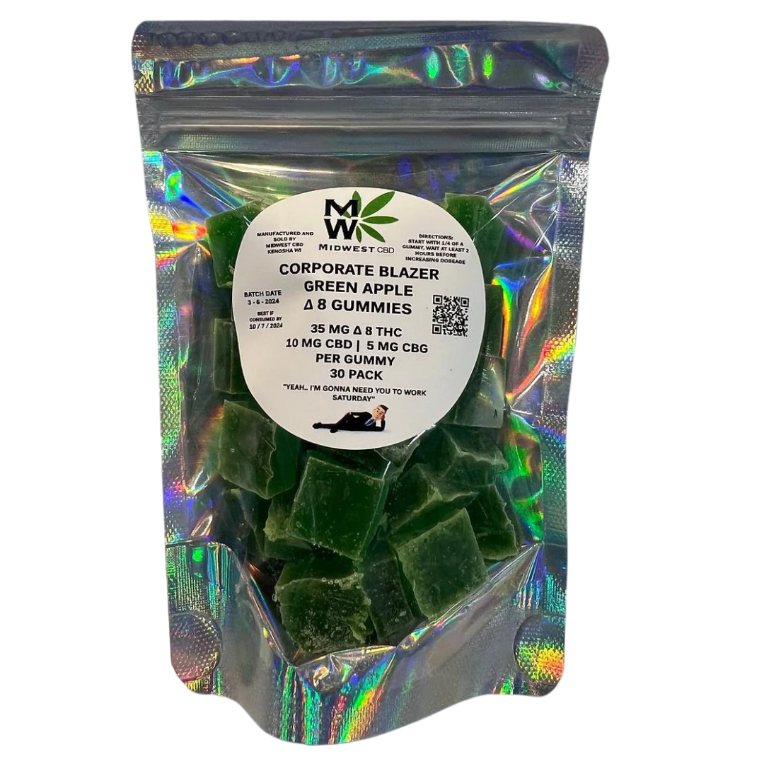 Package of the 30 count Midwest CBD Corporate Blazer Delta 8 THC CBD CBG gummies