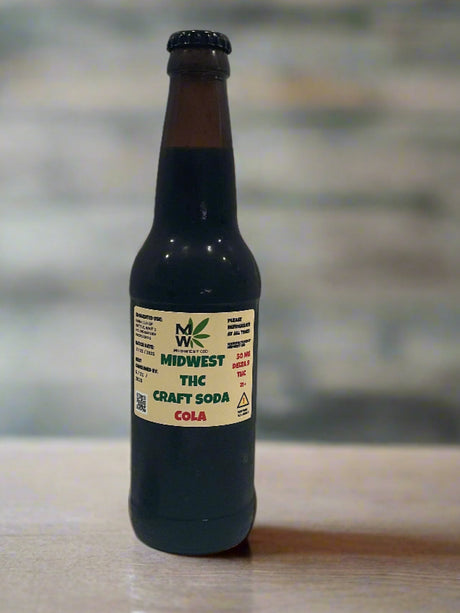 Bottle of Midwest CBD's 50mg Delta 9 THC Cola Craft Soda